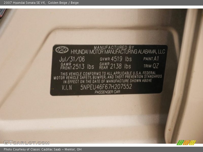 Golden Beige / Beige 2007 Hyundai Sonata SE V6