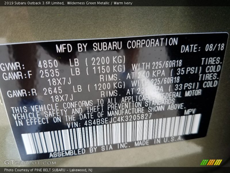 Wilderness Green Metallic / Warm Ivory 2019 Subaru Outback 3.6R Limited