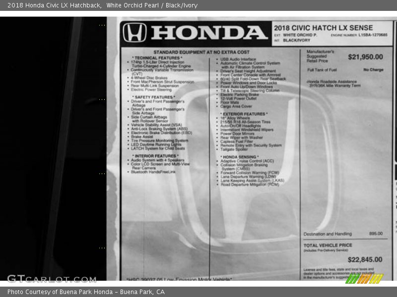 White Orchid Pearl / Black/Ivory 2018 Honda Civic LX Hatchback