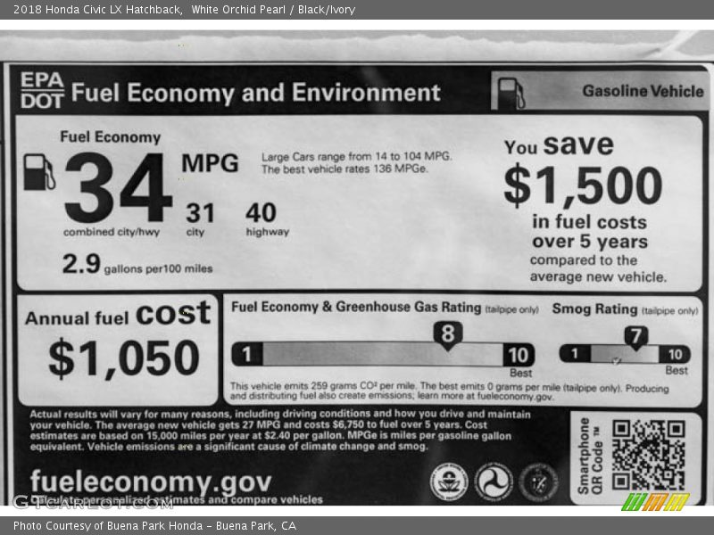 White Orchid Pearl / Black/Ivory 2018 Honda Civic LX Hatchback