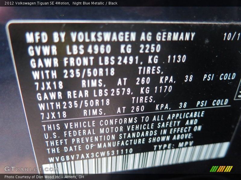 Night Blue Metallic / Black 2012 Volkswagen Tiguan SE 4Motion