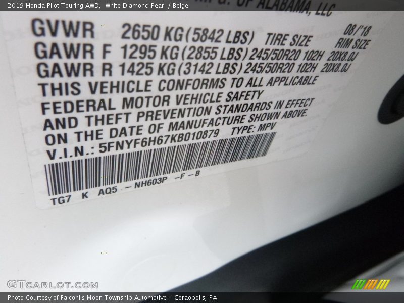 2019 Pilot Touring AWD White Diamond Pearl Color Code NH603P