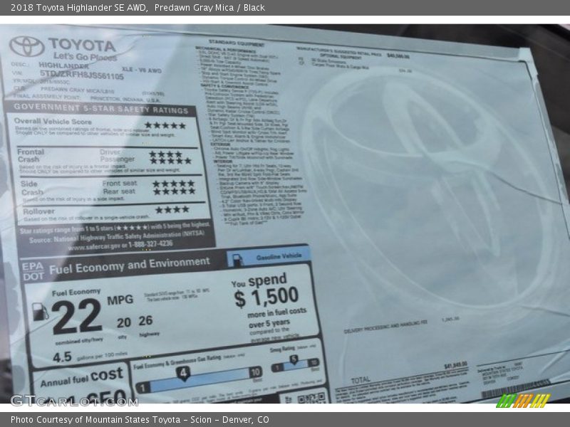 Predawn Gray Mica / Black 2018 Toyota Highlander SE AWD