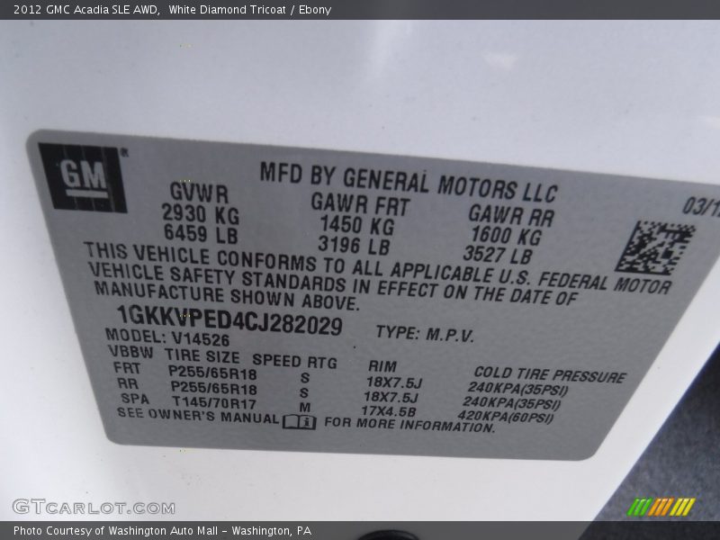 White Diamond Tricoat / Ebony 2012 GMC Acadia SLE AWD