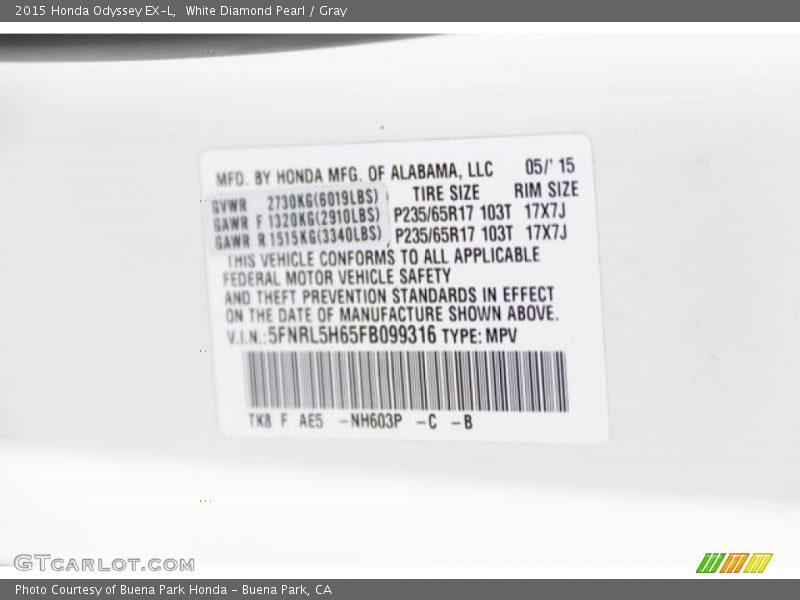 White Diamond Pearl / Gray 2015 Honda Odyssey EX-L