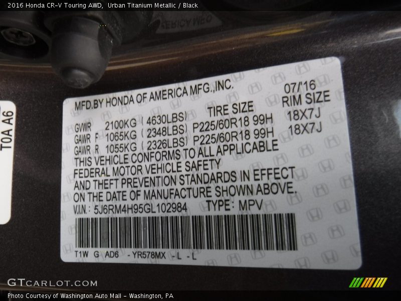 Urban Titanium Metallic / Black 2016 Honda CR-V Touring AWD