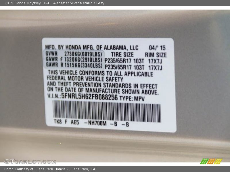 Alabaster Silver Metallic / Gray 2015 Honda Odyssey EX-L