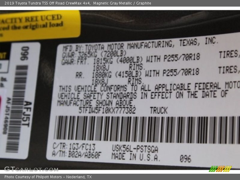 2019 Tundra TSS Off Road CrewMax 4x4 Magnetic Gray Metallic Color Code 1G3