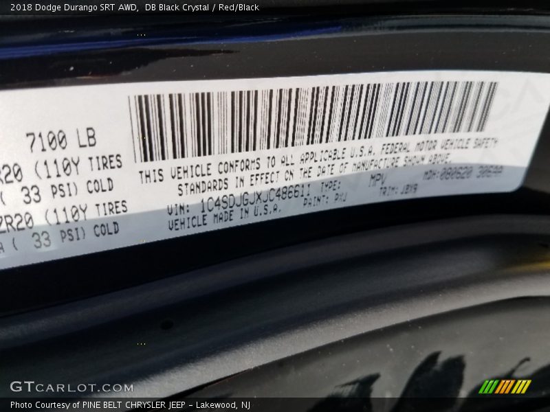 DB Black Crystal / Red/Black 2018 Dodge Durango SRT AWD