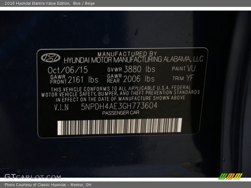 Blue / Beige 2016 Hyundai Elantra Value Edition