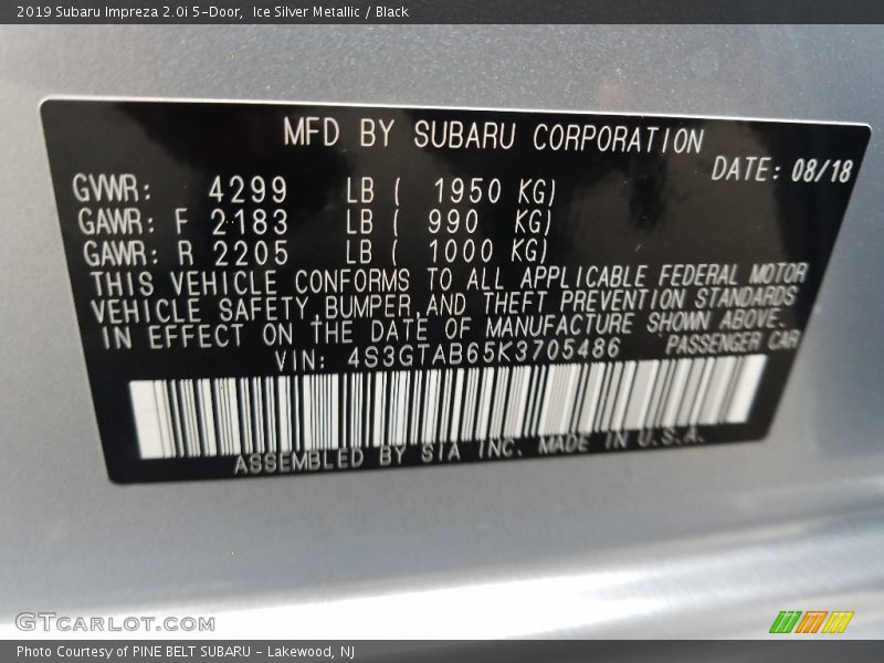 Ice Silver Metallic / Black 2019 Subaru Impreza 2.0i 5-Door