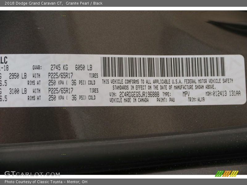 2018 Grand Caravan GT Granite Pearl Color Code PAU