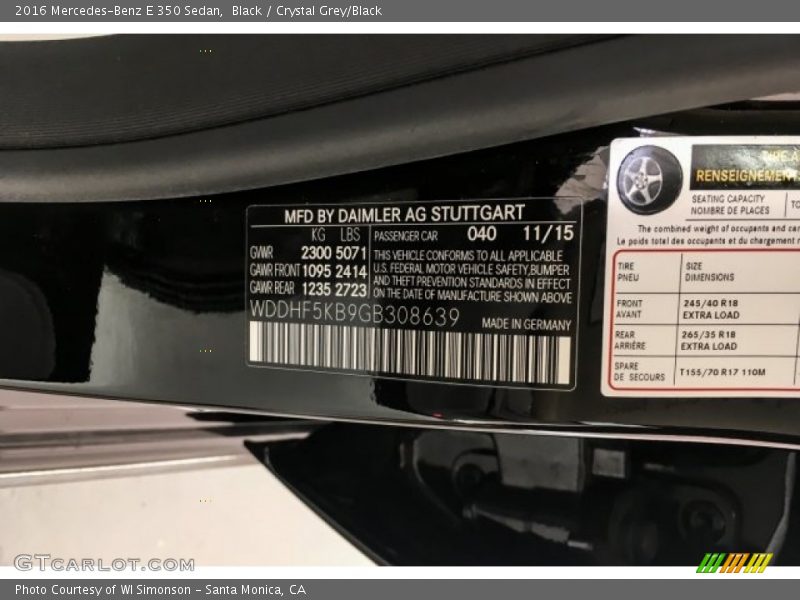 Black / Crystal Grey/Black 2016 Mercedes-Benz E 350 Sedan