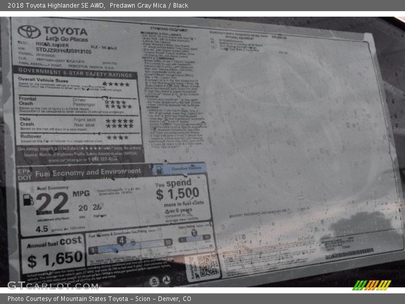 Predawn Gray Mica / Black 2018 Toyota Highlander SE AWD