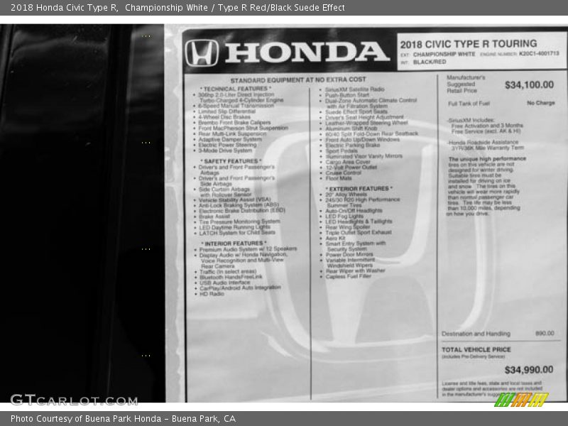  2018 Civic Type R Window Sticker