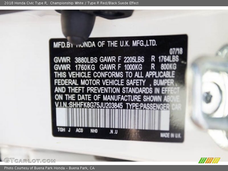 2018 Civic Type R Championship White Color Code NHO