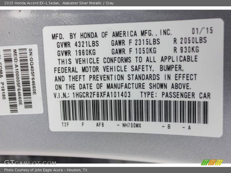 Alabaster Silver Metallic / Gray 2015 Honda Accord EX-L Sedan