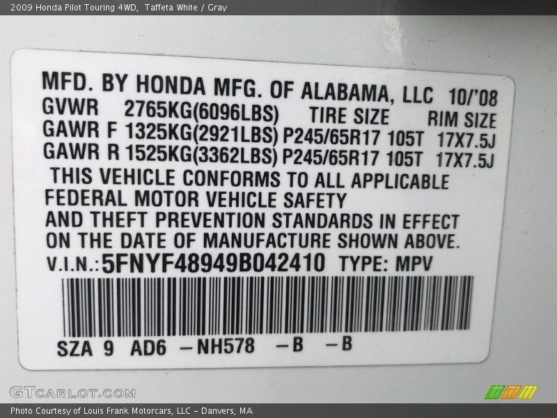 Taffeta White / Gray 2009 Honda Pilot Touring 4WD