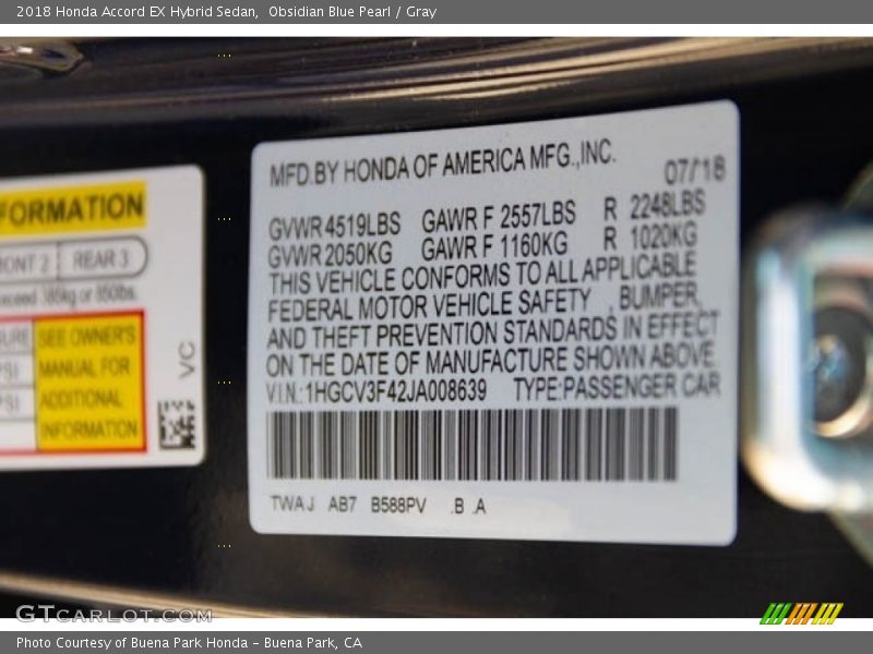 2018 Accord EX Hybrid Sedan Obsidian Blue Pearl Color Code B588PV