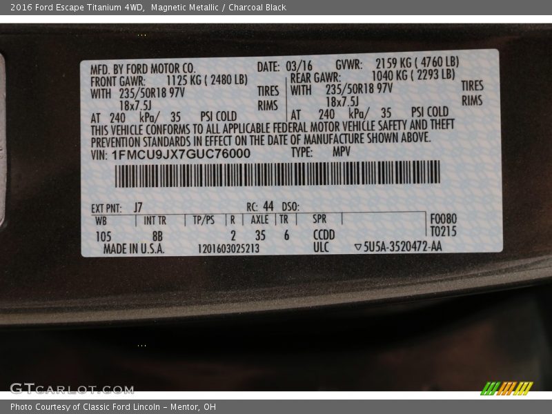 Magnetic Metallic / Charcoal Black 2016 Ford Escape Titanium 4WD