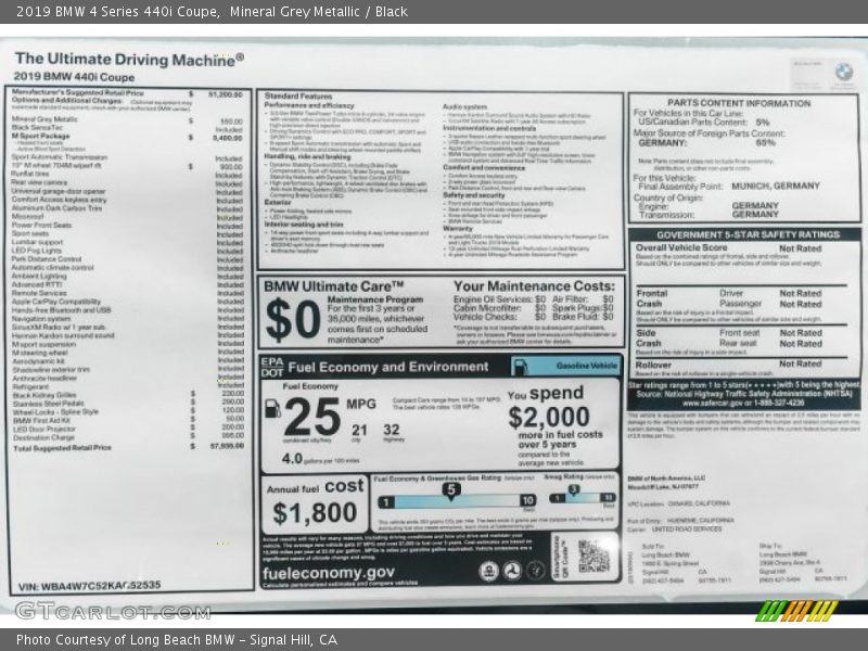  2019 4 Series 440i Coupe Window Sticker