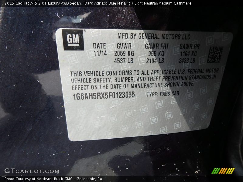 Dark Adriatic Blue Metallic / Light Neutral/Medium Cashmere 2015 Cadillac ATS 2.0T Luxury AWD Sedan