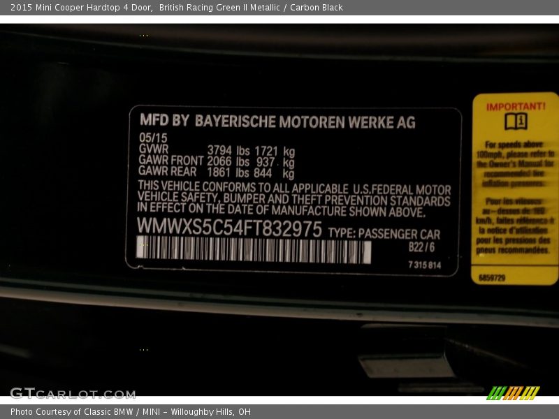 British Racing Green II Metallic / Carbon Black 2015 Mini Cooper Hardtop 4 Door