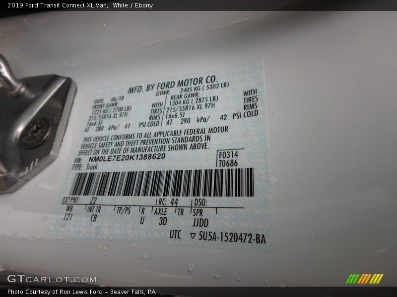 White / Ebony 2019 Ford Transit Connect XL Van