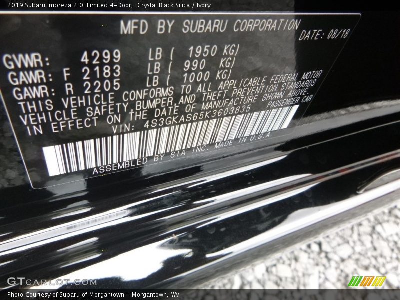 Crystal Black Silica / Ivory 2019 Subaru Impreza 2.0i Limited 4-Door