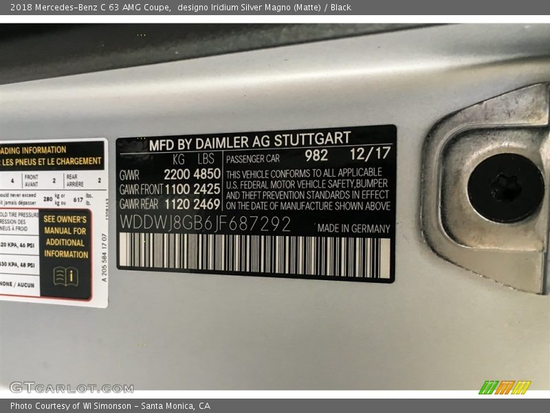 2018 C 63 AMG Coupe designo Iridium Silver Magno (Matte) Color Code 982
