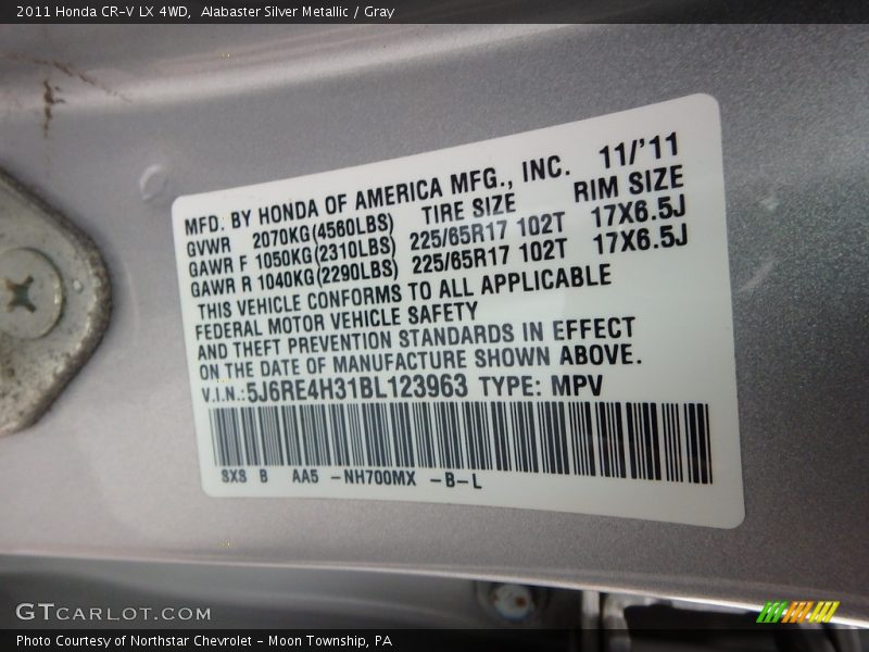 Alabaster Silver Metallic / Gray 2011 Honda CR-V LX 4WD