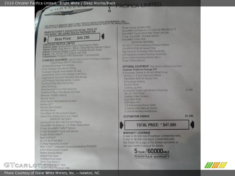 Bright White / Deep Mocha/Black 2019 Chrysler Pacifica Limited