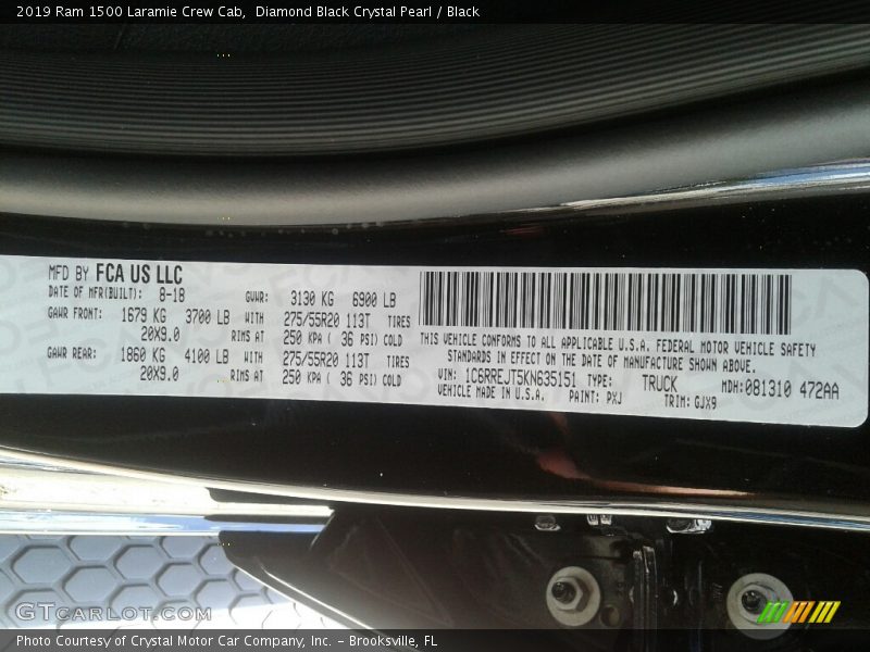 2019 1500 Laramie Crew Cab Diamond Black Crystal Pearl Color Code PXJ