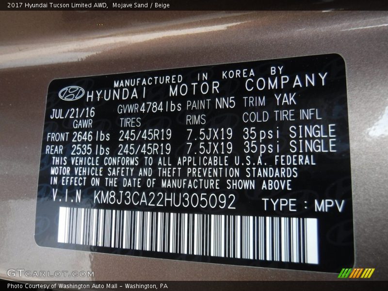 Mojave Sand / Beige 2017 Hyundai Tucson Limited AWD