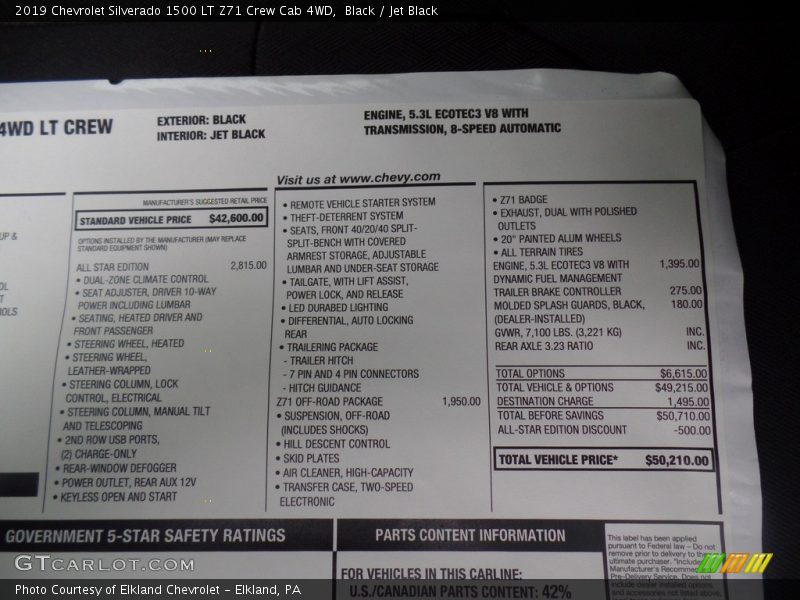  2019 Silverado 1500 LT Z71 Crew Cab 4WD Window Sticker