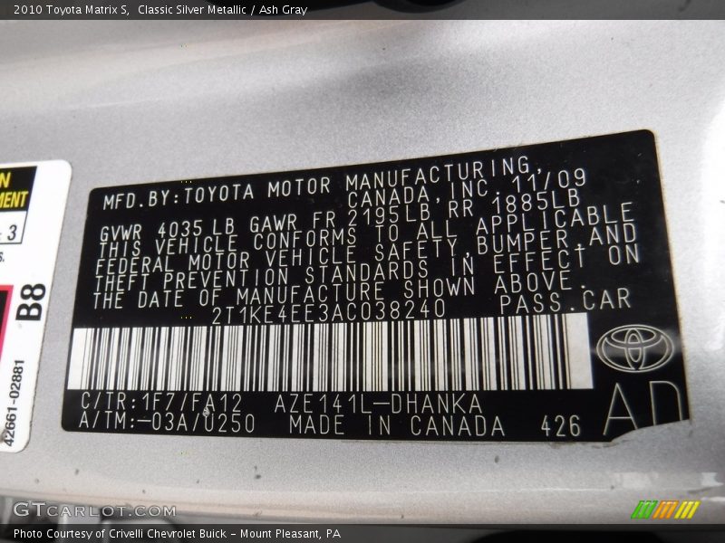 Classic Silver Metallic / Ash Gray 2010 Toyota Matrix S