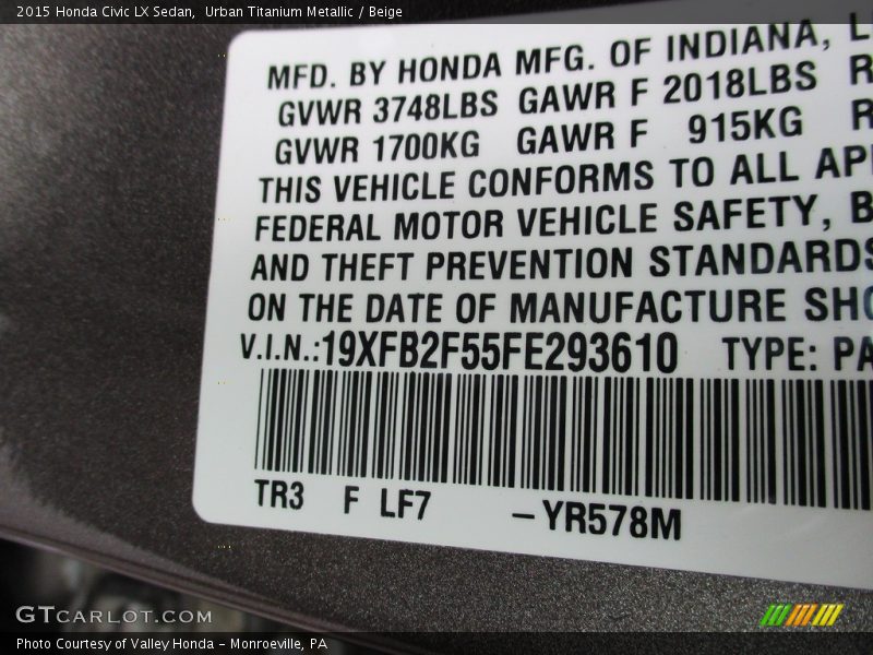 Urban Titanium Metallic / Beige 2015 Honda Civic LX Sedan