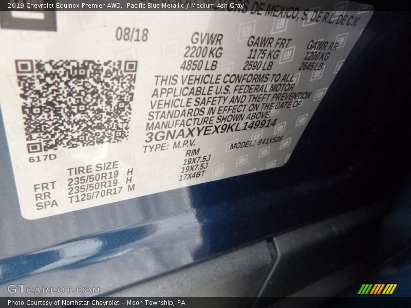 Pacific Blue Metallic / Medium Ash Gray 2019 Chevrolet Equinox Premier AWD