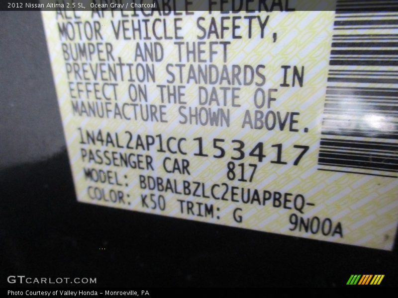 Ocean Gray / Charcoal 2012 Nissan Altima 2.5 SL