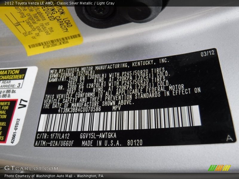 Classic Silver Metallic / Light Gray 2012 Toyota Venza LE AWD