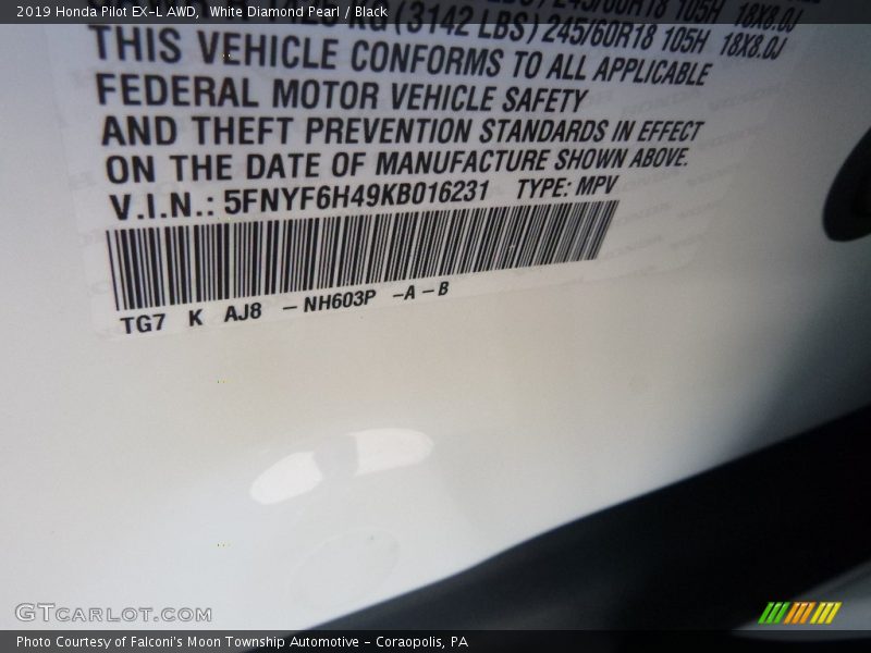 White Diamond Pearl / Black 2019 Honda Pilot EX-L AWD