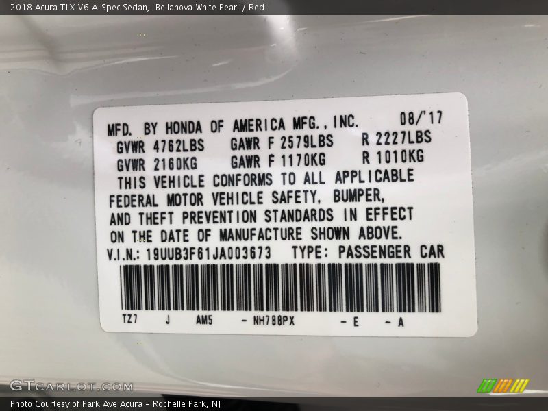 2018 TLX V6 A-Spec Sedan Bellanova White Pearl Color Code NH788PX