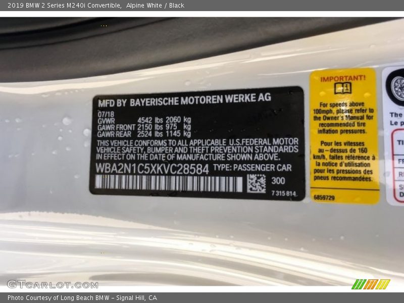 Alpine White / Black 2019 BMW 2 Series M240i Convertible