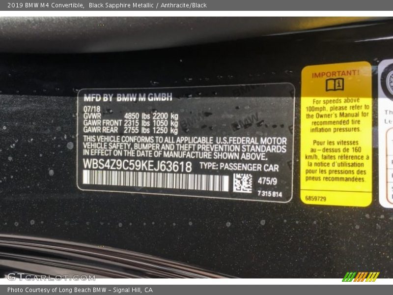 Black Sapphire Metallic / Anthracite/Black 2019 BMW M4 Convertible