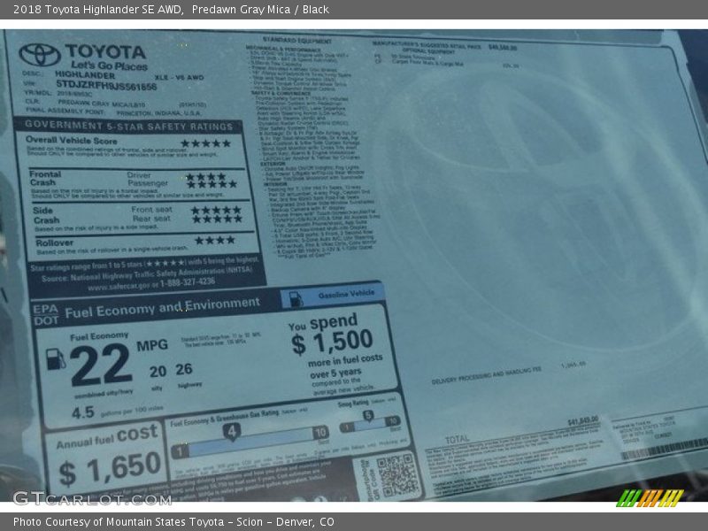 Predawn Gray Mica / Black 2018 Toyota Highlander SE AWD