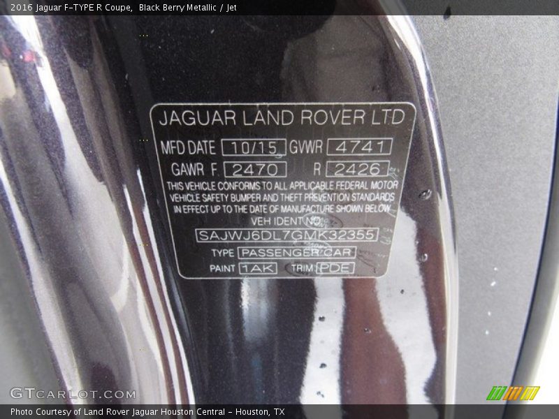 2016 F-TYPE R Coupe Black Berry Metallic Color Code 1AK