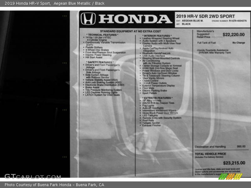 Aegean Blue Metallic / Black 2019 Honda HR-V Sport