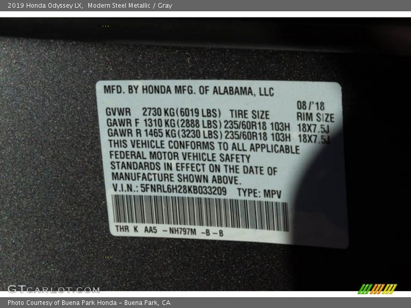 Modern Steel Metallic / Gray 2019 Honda Odyssey LX