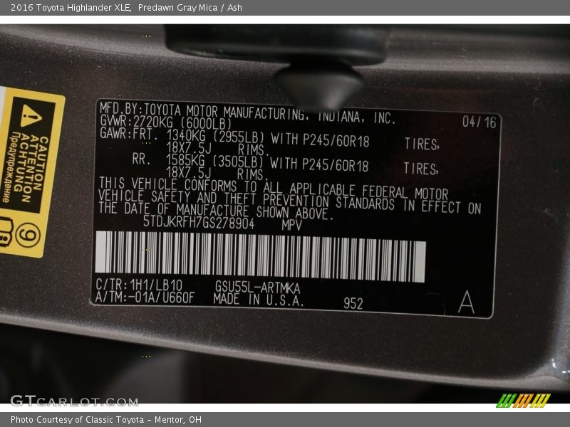 Predawn Gray Mica / Ash 2016 Toyota Highlander XLE