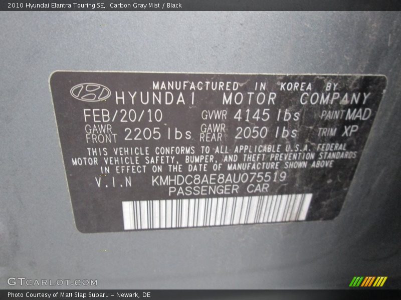 Carbon Gray Mist / Black 2010 Hyundai Elantra Touring SE